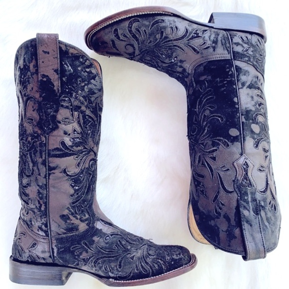 STETSON Sequin Square Toe Black Western Boots 7 - Picture 3 of 13